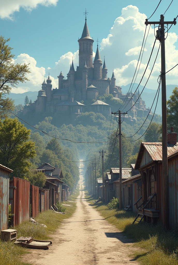 (photorealism:1.2), a small american town in the post-apocalypse. The small town is surronded by a wall made of scrapped metal. The town looks clean and safe, not affected by the end of the world. The world outside the scrapped metal wall is desolated, dead and abandoned. The weather is clean, giving the town a a feeling of hope in contrast with the devastated landscape of outside the wall