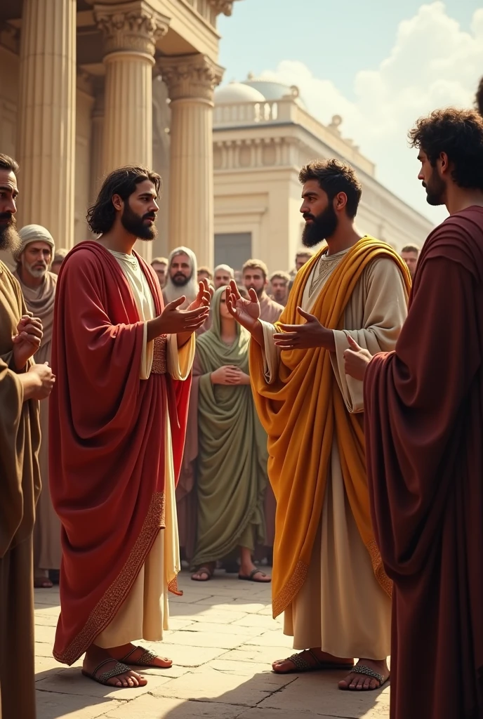 Create an image with Paul and Silas in ancient Athens, engaged in teaching about Christ’s resurrection. Show them in traditional attire, with scrolls or texts. Include a diverse audience listening intently, using warm tones to set the historical context. The scene should highlight the divine message they are sharing.
