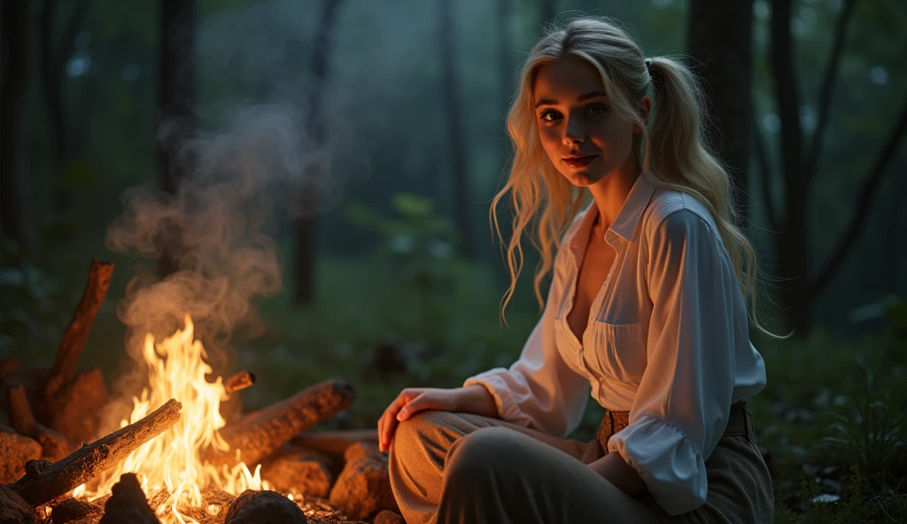 (masterpiece, UHD. Photorealistic) extremely detailed, an ultra hot gorgeous European woman. 2 french model, epic cleavage (100e size) in the night:1.2, warm hue, warm tone, ivory long sleeve shirt:1.2, with stars and milky way trails:1.1, sitting near campfire, in forest, real steam visible, smoke, shadows, tent, ultra detailed face, twintails:1.1, blonde hair, pale skin, busty breasts, joyful smile:1.1, dynamic pose