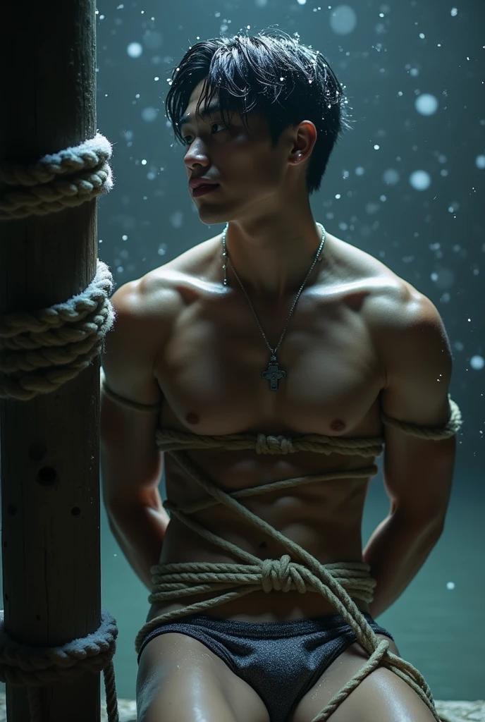 (((skinny, shirtless guy))), (((19 yo, slim, muscular, fit twink))), (((ripped sixpack))), ((((Trussed up completely with rope)))), ((((ropes crossed over chest)))), (((body trussed up in tight fitting shibari ropes))), (((beautiful boy))), (((beautiful face, K-pop type))),  (((slim fit body))), ((medium-lenght curtain hairstyle))), (((wearing speedos))) kneeling, (((arms behind back))), , Smiling, ((((in a  dungeon with a thick pole and candles))), ((leaning against a polel))), snowfall through the roof, (((skin and hair wet))).