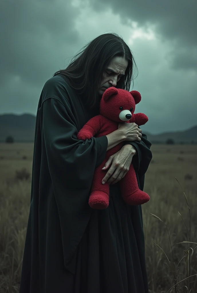 death and despair, person holding a teddy bear that is cranberry color