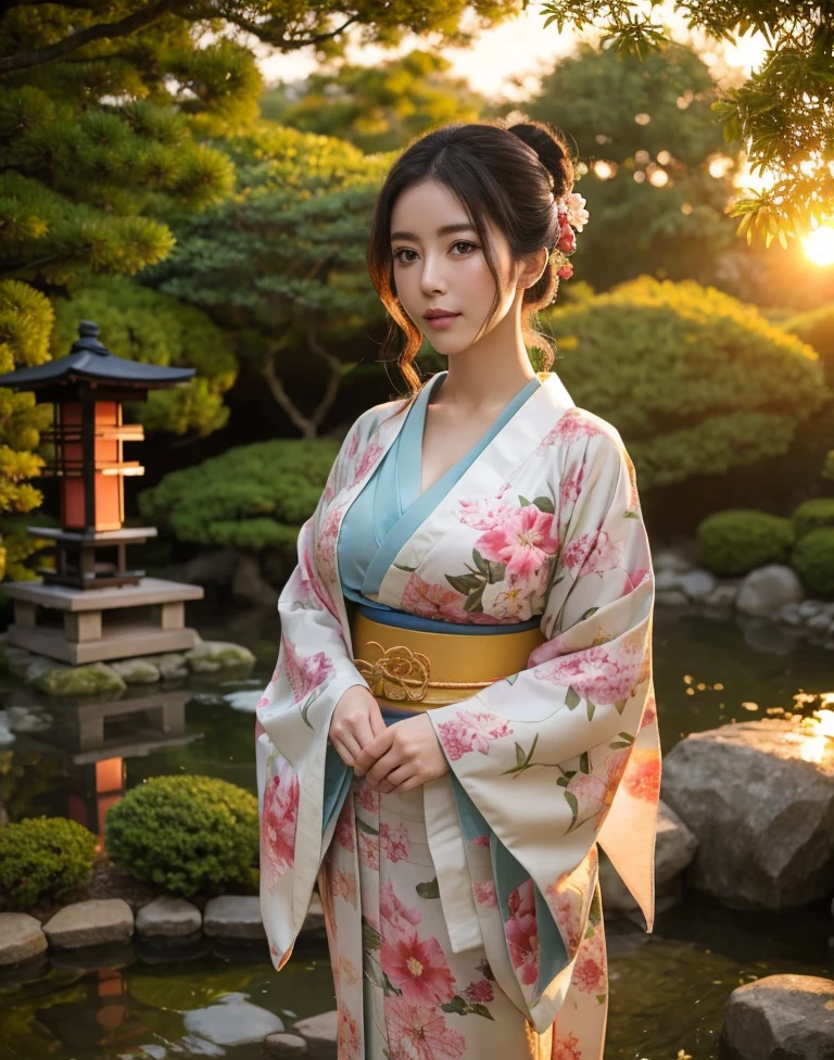 standing in a Japanese garden、Beautiful woman、Very large breasts、(looking at viewer)、nature、kimono、Japanese clothing、Details of the skin、real、Dim lighting、sunset