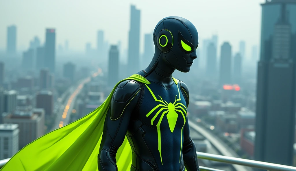 Create a superhero character called &#39;Techman&#39;, inspired by the style of Spider-Man. The character must wear a fitted outfit with predominant colors of dark blue and black., but with a vibrant color and highlighted as a central element. Add a lime green chroma-style cape or accessory, that stands out visually. The outfit must be modern and technological, with subtle details such as circuits and technological symbols, but without the spider symbol on the chest. The Techman must have a dynamic and agile posture, with a confident and friendly expression. The background can be a futuristic urban setting, but the highlight should be on the lime green cape or accessory to ensure that it stands out in thumbnails and is easily recognized as the superhero that helps choose the best options.
Create an image of the Techman in an observation pose, as if analyzing a scene or watching from a high point of view. The attire must be the same, and the lime green cover or accessory must be visible. Techman&#39;s expression must be thoughtful, and the background should show a panoramic view of a city