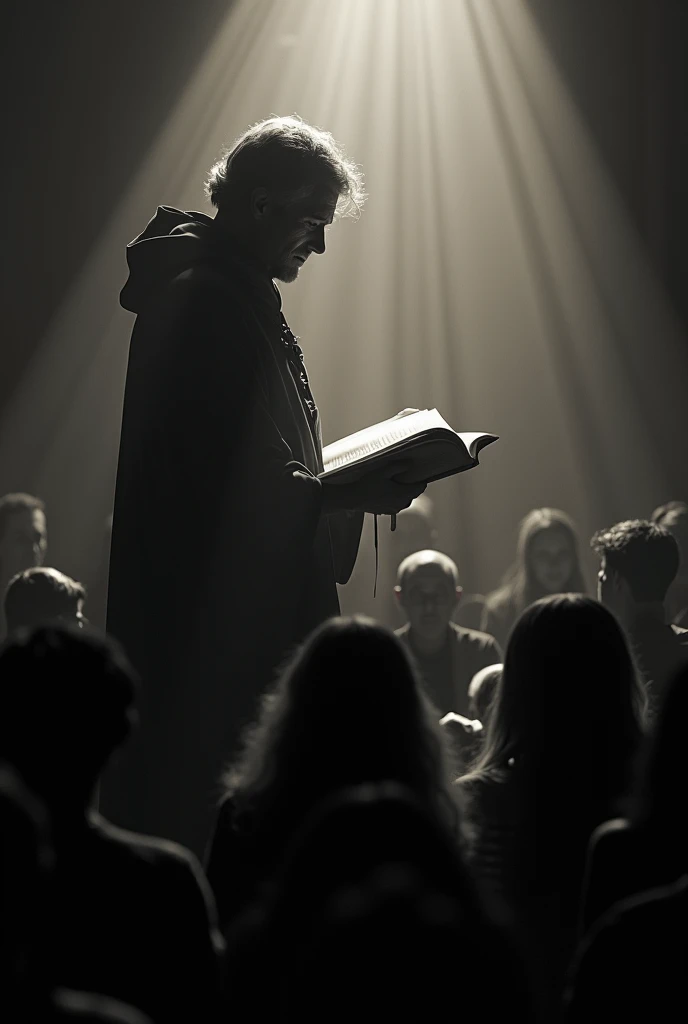 The Storyteller: A silhouette of a person holding a book or telling a story to a captivated audience.