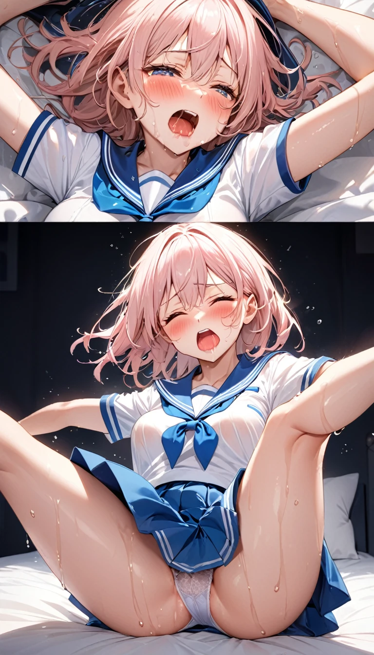 Highest quality, Great quality, 16K, Unbelievably absurd, Very detailed, delicate and dynamic, Create amazing image effects, Wet, sweating, bed, receive、Embarrassing、blush、Close ~ eyes、shout、tears、Saliva、(cute、Beauty、big, Swaying bust, Sensual expression, Cool, strict, passion, dynamic,Sailor suit、Skirt flipped up、underwear、足をbigきく広げる、Leg spread、Lying down)