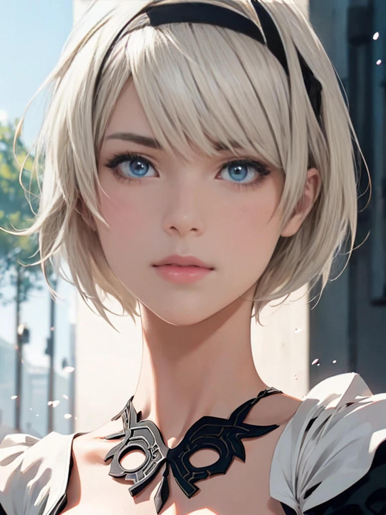 {(masterpiece,best quality, 16K portrait, UHD, extremely detailed the work, detailed beautiful face and eyes and skin and hair)}
BREAK {(ultra realistic photo graphic style:1.2)}
BREAK {solo,(2B of Nier-Automa:1.4), (lightbrown-lightwhite colored hair:1.4, short cut hair), (medium mouth),(narrow and sharp eyes),(attractive blue-glay eyes:1.4),(left-eye hidden by bangs:1.2),(slender body,small breasts):1.2,captivating lips}
BREAK {(Nier-Automata-2B costume:1.2),(cleavage between breasts:1.2),(hairband:1)}
BREAK {face-focus closeup}