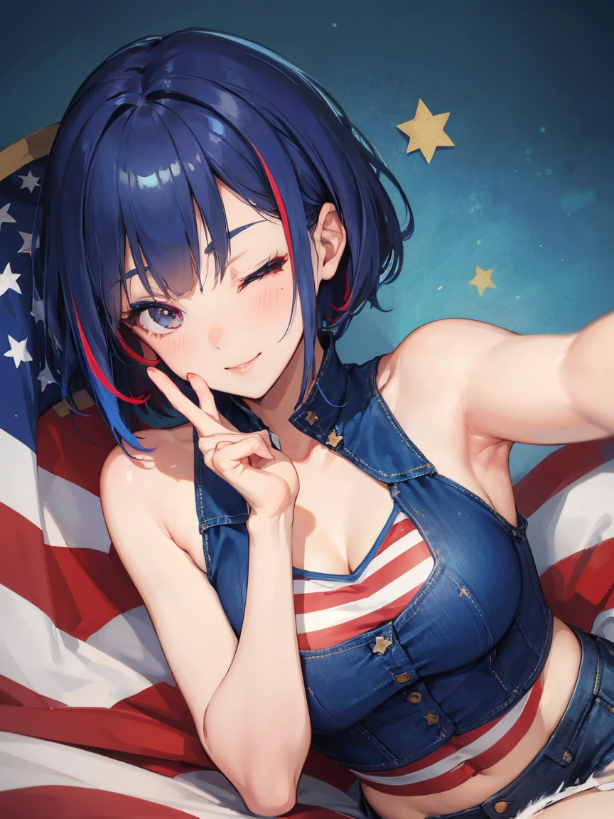 1female, USA inspired costume, her costume consist of sleeveless camisole , stars and stripes designed, deep blue denim shorts, stunning beautiful thighs, one eye closed, blue and red streaked hair, short hair, long bangs, detailed face,　big heart eyes, thin eyebrows, moist lips, kissing lips, smiling full of compassion, close up shot,　 V hand on her head,　peace sign,