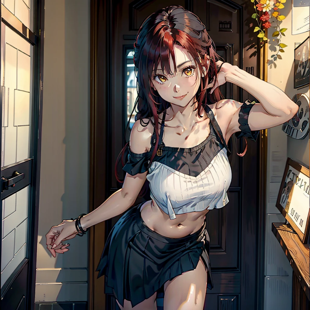 women, natural redhead, by the wide, 2 braids, Whole body, standing, short black skirt, White off-the-shoulder shirt, yellow eyes, chest a little big, Leaning on the entrance of a door, View up, flirtatious smile, mischievous smile.
