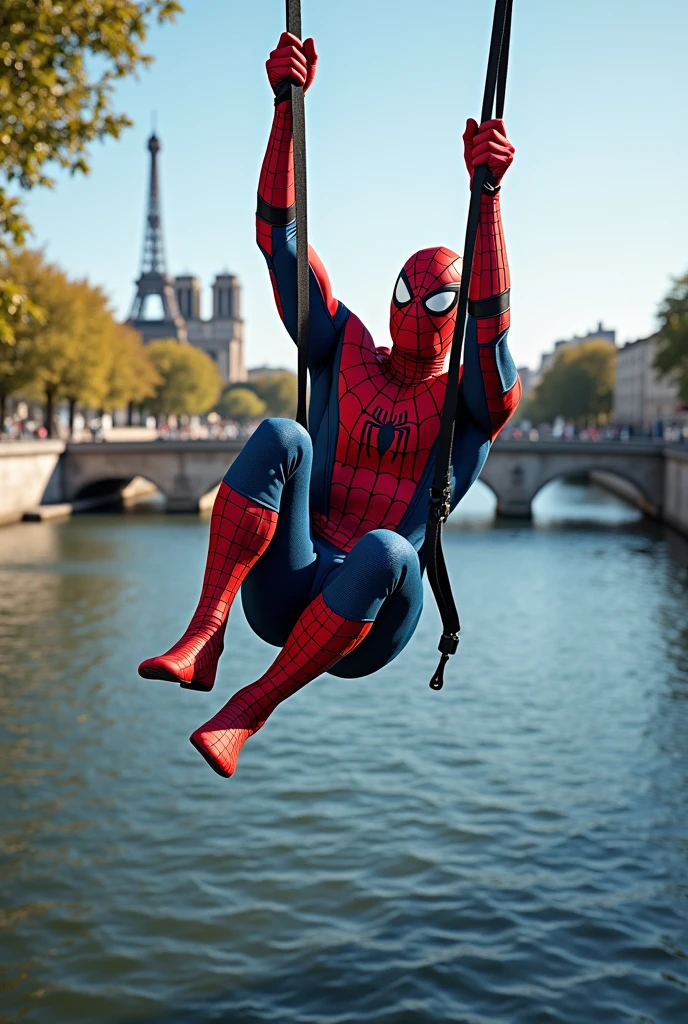 can you create me an image with the character Spiderman doing TRX in Paris on the banks of the Seine