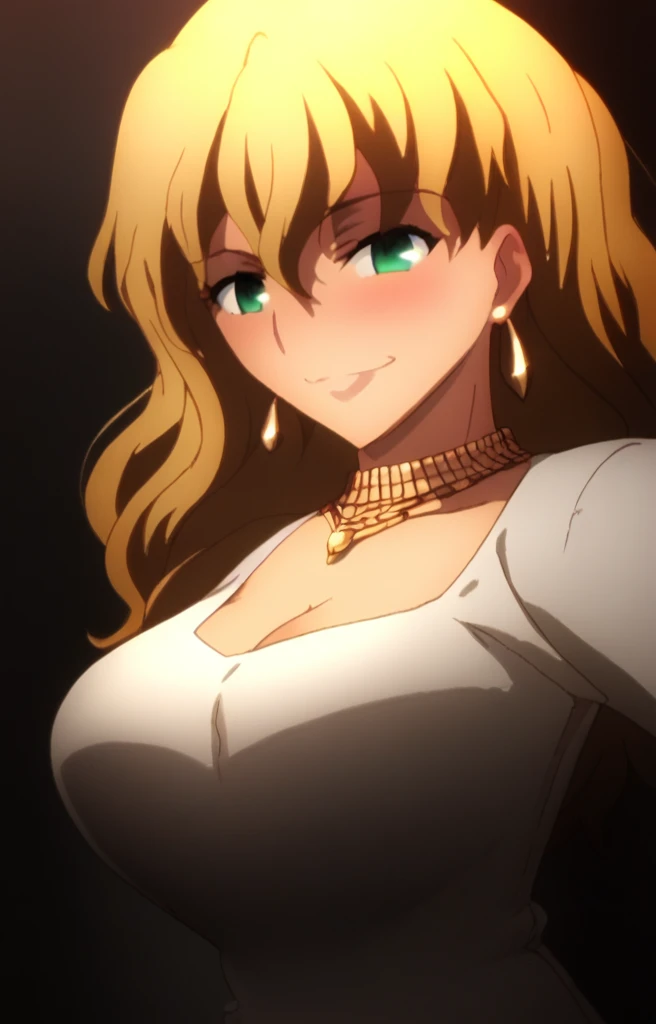 Artoria pendragon,thick lips,light eyeshadow,Detailed face,Cleavage,Curvy figure,Big breast,(Long Wavy hair),Heels,Swaying hips,Bareneck,long bail,Chocker,jewelry,wedding ring,Necklace,Hoopa earring,Hoopa bracelet,Half eyes expression,Detailed face,Curly hair,(((Open bang hair))),Blonde hair,Crossing arm,smile,Light blush,Glossy light tanned skin,Thin shoulder outfit,Short skirt,emerald eyes,Detail favmce,Detail eyes