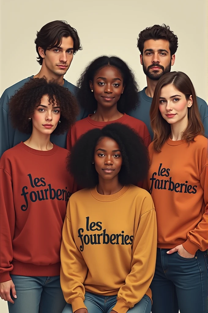 Génére moi une image d'un groupe de six personnes avec écrit sur le pull "Les fourberies"