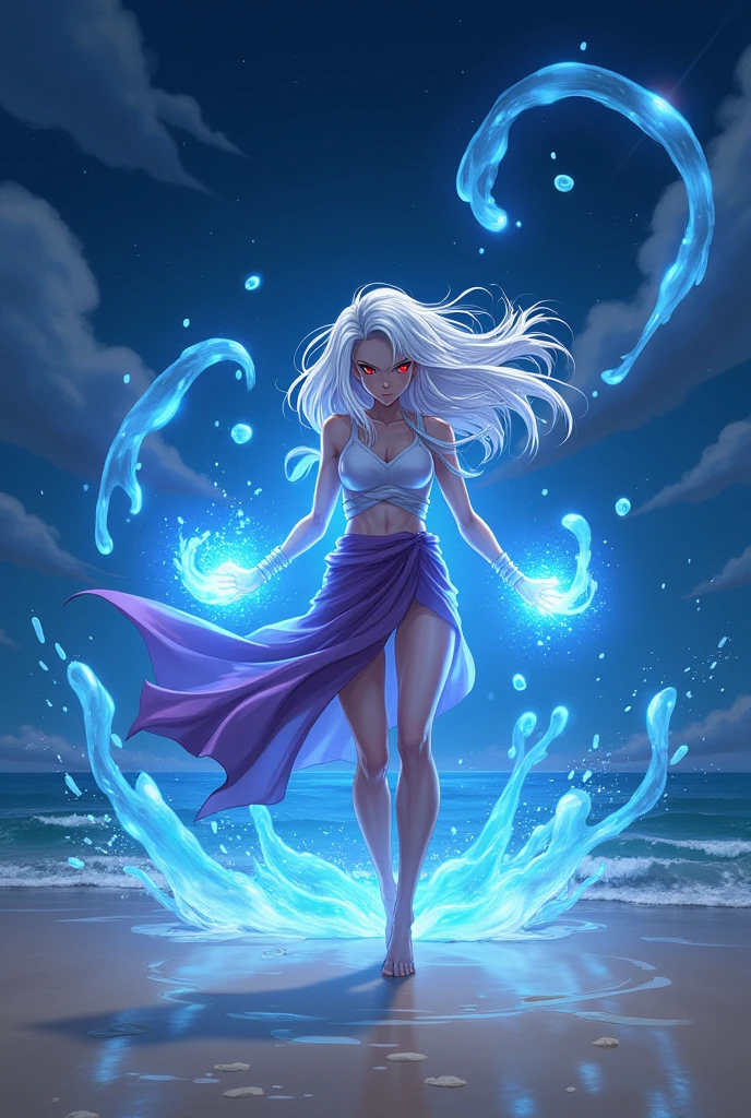 A white-haired woman with ruby red eyes, is fighting against ten slimes under the blue sky of the beach, anime art ,Night time,Under the blue night sky fighting against the blue slime 