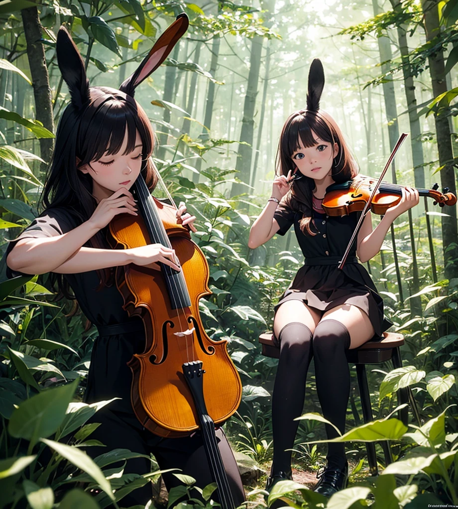 Animal rabbit playing violin in the forest