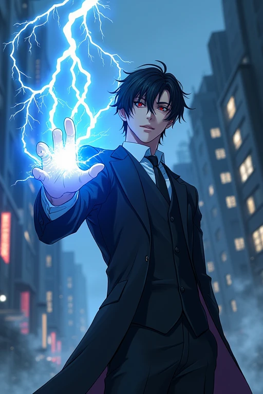 Black Hair,Black suit,male,Anime Style,Red Eye,Shoots blue lightning from his index finger
