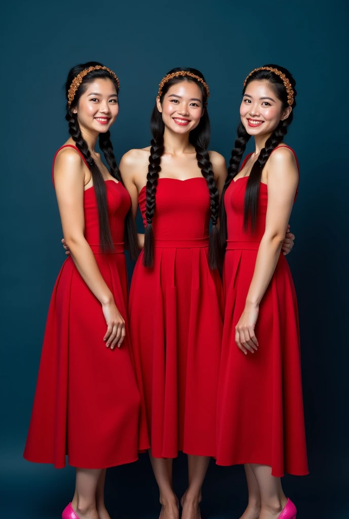 Create a three beautiful Thai women smiling wearing a red beautiful midi dress with brown headband and pink high heels, black long hair braids posting a dark blue background, looking at the camera. Photography.