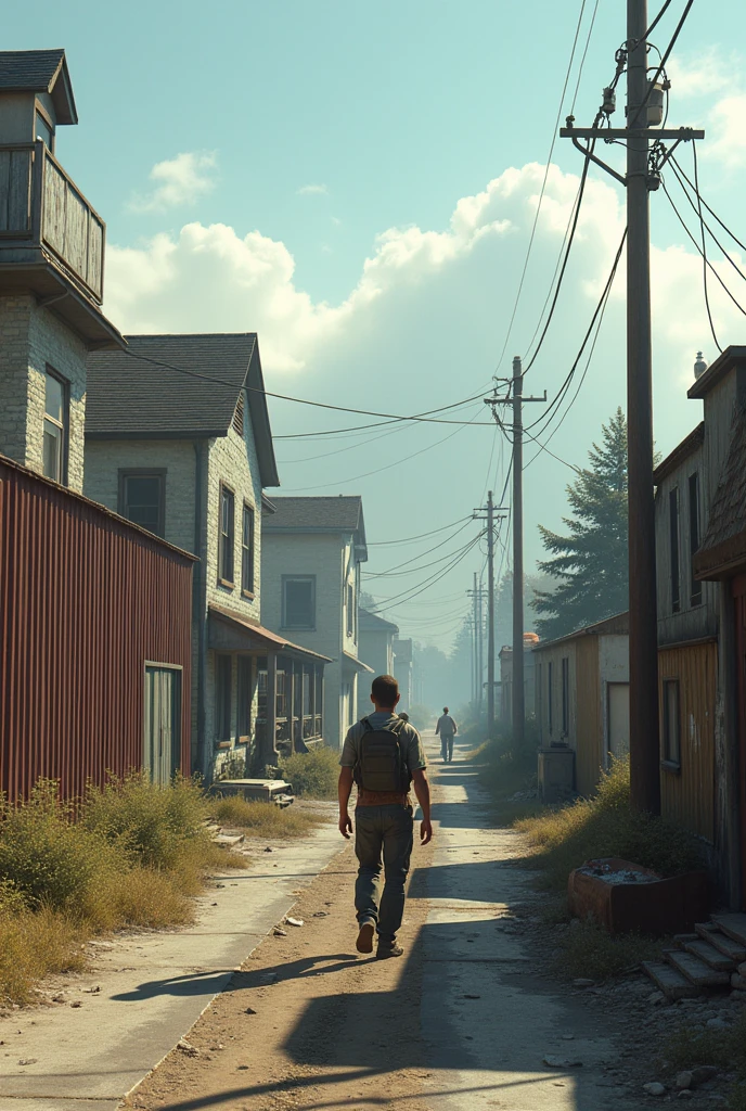 (photorealism:1.2), a small american town in the post-apocalypse during the 2000´s. The small town is surronded by a wall made of scrapped metal. The town looks clean and safe, not affected by the end of the world. The world outside the scrapped metal wall is desolated, dead and abandoned. The weather is clean, giving the town a a feeling of hope in contrast with the devastated landscape of outside the wall