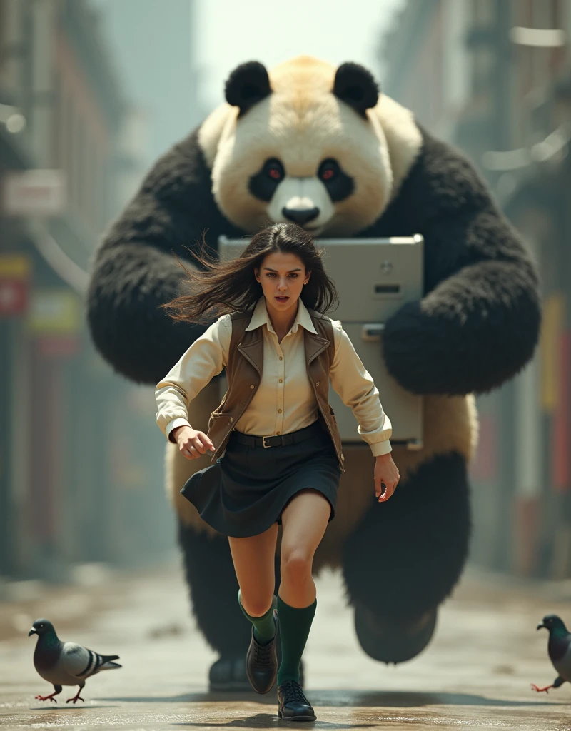 ((Highest quality)), ((Gray female pigeon screaming)), (Angry Giant Panda), A giant panda carrying a refrigerator in both hands chases after you., A grey female pigeon sprints away from a giant panda, A grey female pigeon wearing an off-white collared short-sleeve shirt, a light brown vest, a knee-length black skirt, dark green socks and black shoes, Muscular grey female pigeon, Photorealistic images,