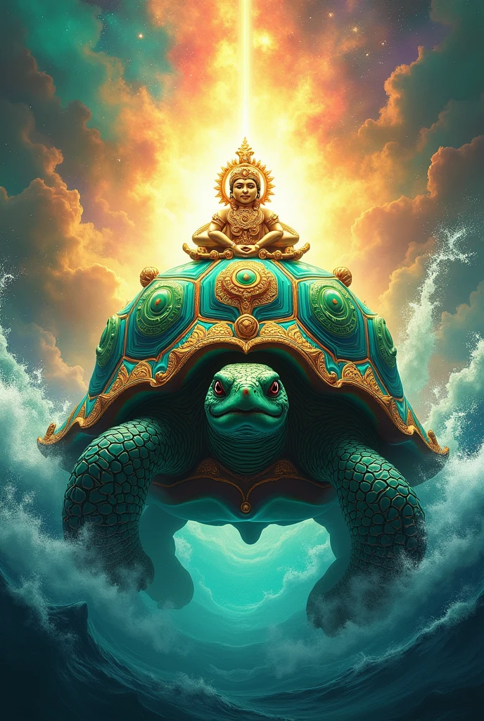 Here's a prompt for creating a beautiful and colorful image of Vishnu in his Kurma (turtle) avatar:

"Create a stunning and vibrant image of Vishnu in his Kurma avatar, the turtle. Depict Kurma as a grand and majestic turtle with a beautifully detailed, ornate shell adorned with intricate patterns and bright, rich colors like turquoise, gold, and green. The turtle should be set against a dynamic and colorful background, such as a celestial or aquatic scene, with radiant rays of light highlighting its divine presence. Surround Kurma with elements representing the churning of the ocean, such as swirling waters and celestial beings. Ensure the image captures the divine and protective nature of Vishnu’s Kurma avatar with vivid colors and intricate details."