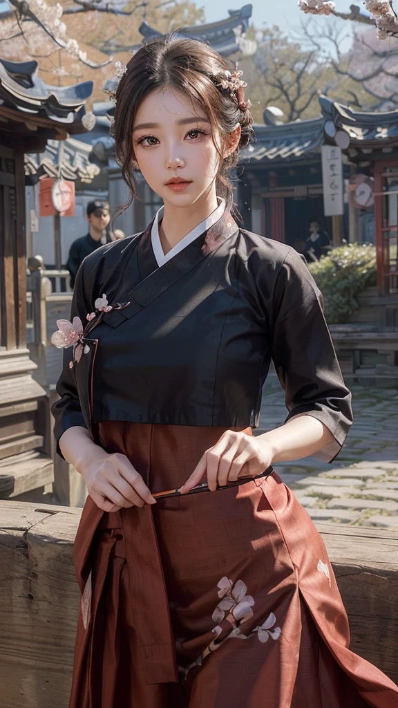(best quality, 8k, masterpiece: 1.3), ((((((ridiculously big tits: 0.8))))), hairpin, (beautiful face:1.3), plum blossom ink painting background,authentic hanbok, underboob, red skirt, The background is a photo, People do real work.