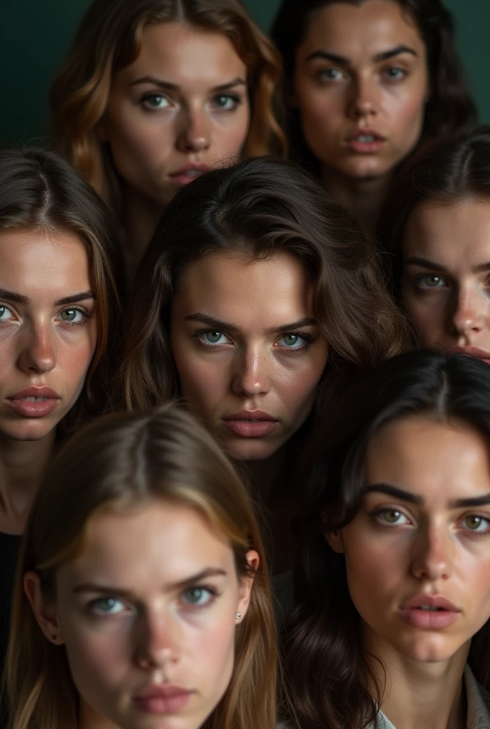 Photos of teenage girls wearing skater fashion. Everyone is wearing a dark tank top.. They are standing side by side, one person raising their hand. Has a naughty appearance