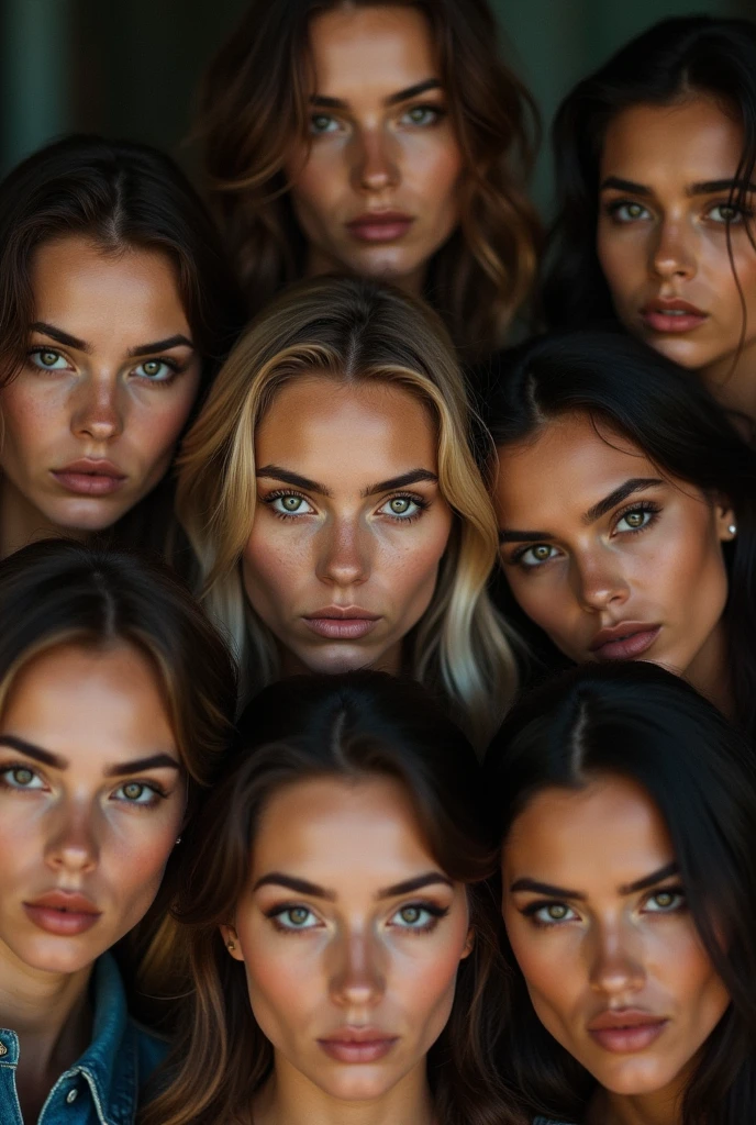 ten beautiful women, portrait, angry faces, perfect eyes, crowded together