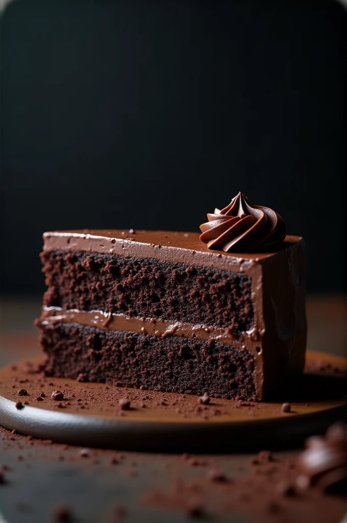 cinematic film still chocolate, chocolate cake, dark background, quality photo, moist texture, frosting, studio photo, slice . shallow depth of field, vignette, highly detailed, high budget, bokeh, cinemascope, moody, epic, gorgeous, film grain, grainy