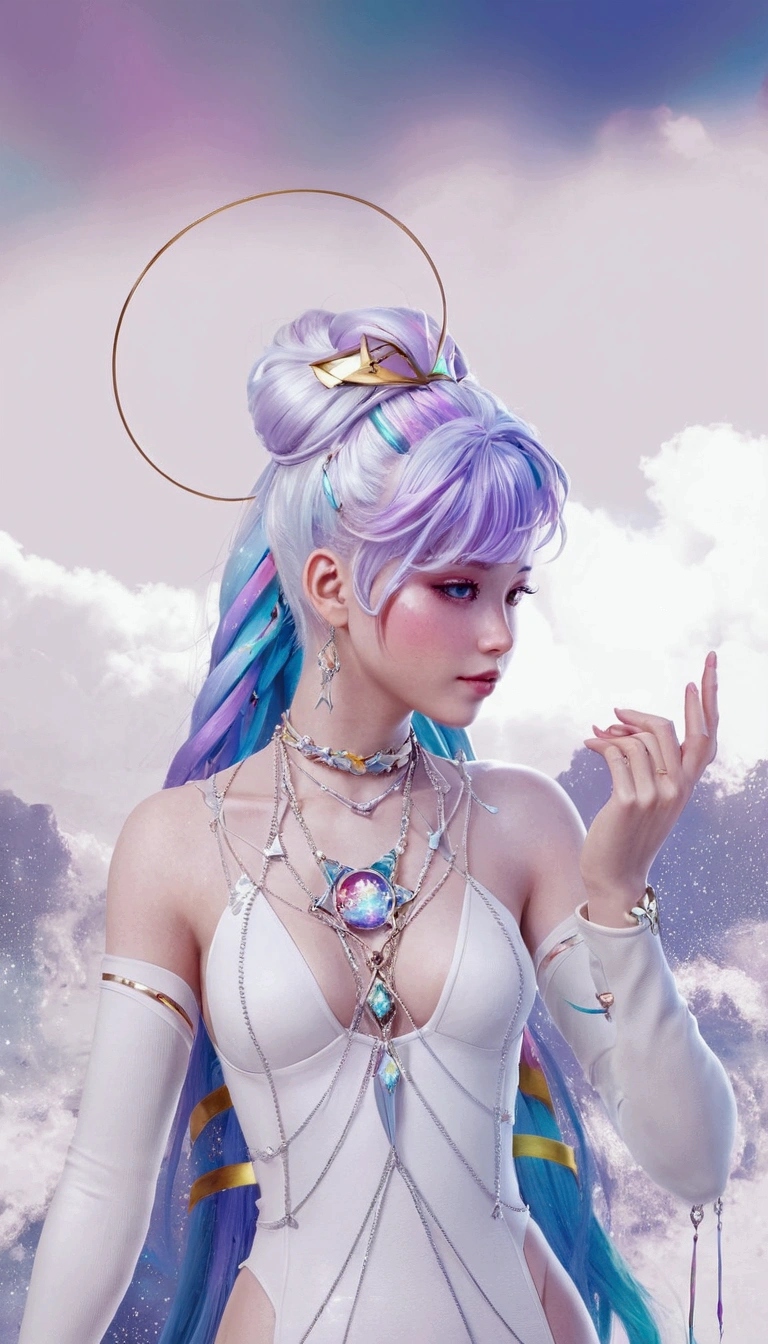 Close-up of a woman with colorful hair and necklace, anime girl with cosmic hair, Rossdraws soft vibrancy, Gouviz style artwork, fantasy art style, colorful], vibrant fantasy style, Rossdraws cartoon full of vitality, cosmic and colorful, Guweiz, colorful digital fantasy art, stunning art style, beautiful anime style, glowing hair