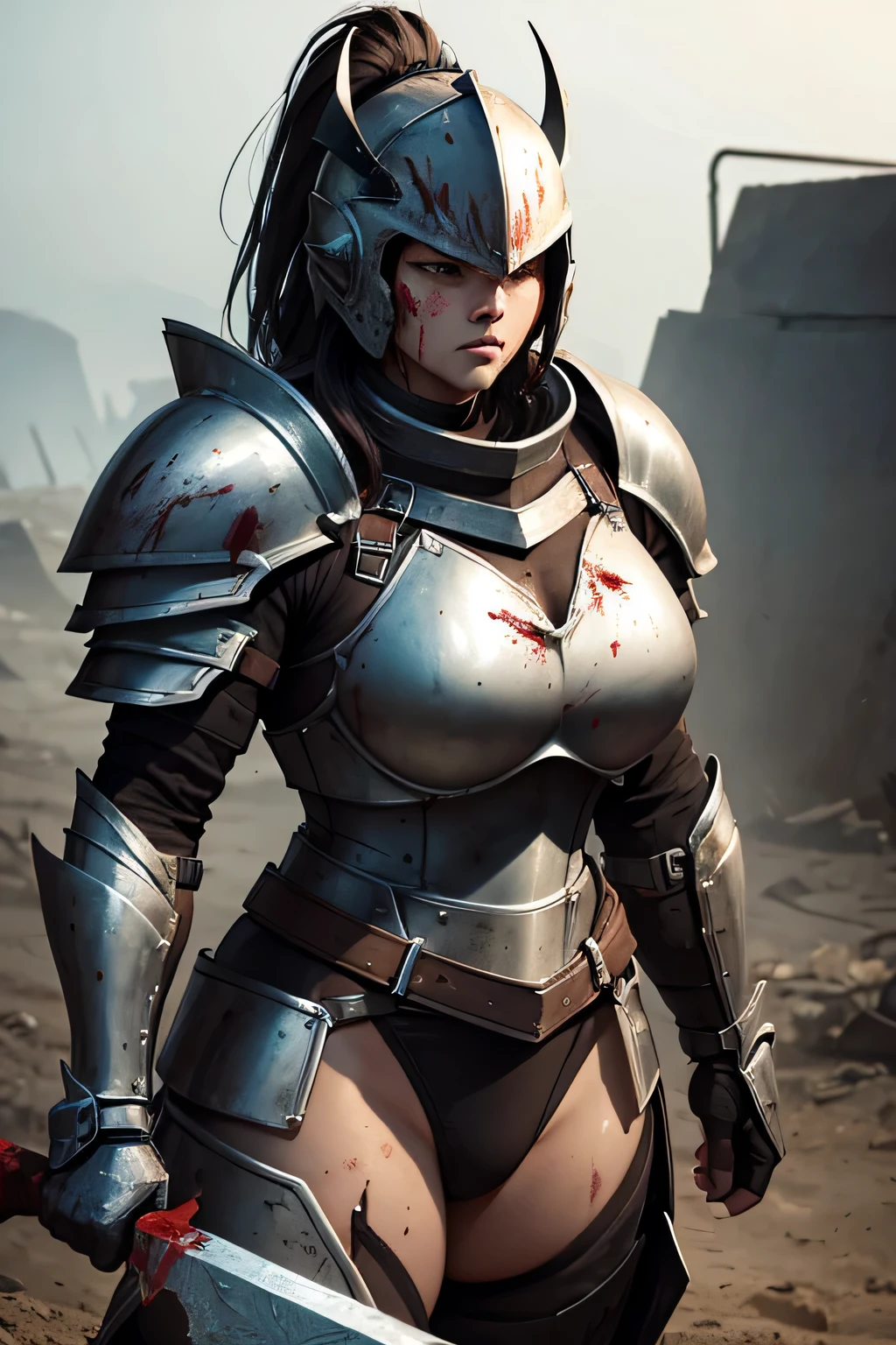 A muscular female heavy-armored warrior in scratched and blood-splattered plate armor, full helmet covered in dirt, wielding a massive axe, sweat dripping, intense gaze