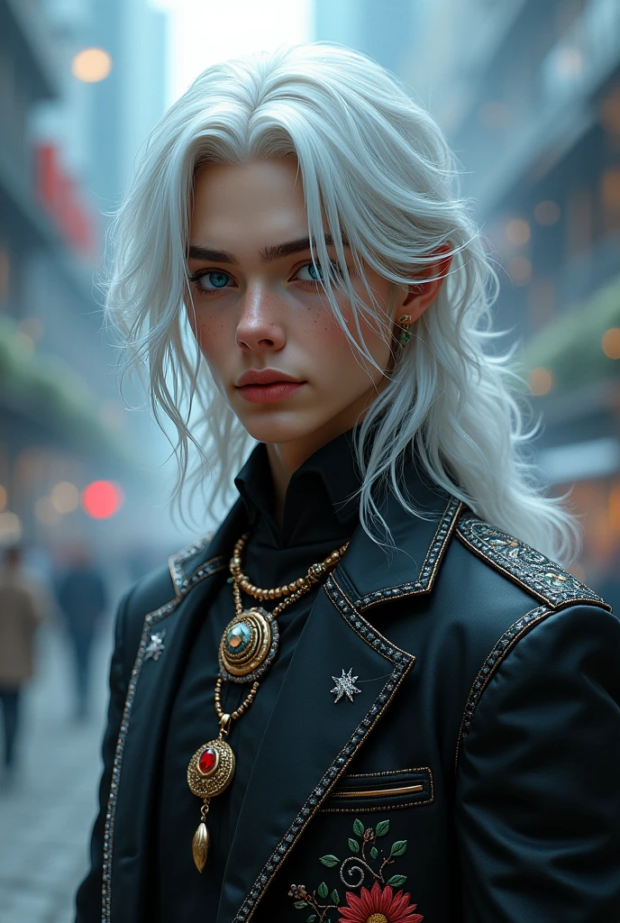 Young man, ( black outfit), jewelry, chinese style, embroidery, long flowing white hair, detailed face, detailed beautiful blue eyes, modern City(intricate:1.3), (arcane aura:1.2), (dreamlike: 1.3), (subtle mist:1.1), (vibrant colors: 1.2), (detailed hair:1.3), (ultra realistic details:1.5),