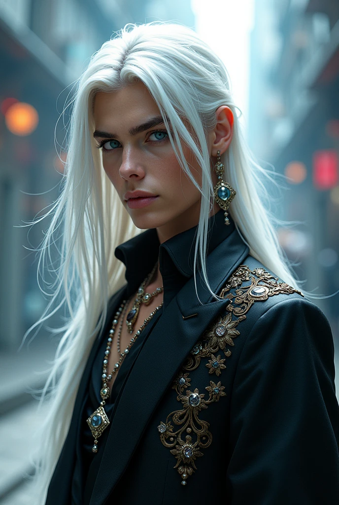Young man, ( black outfit), jewelry, chinese style, embroidery, long flowing white hair, detailed face, detailed beautiful blue eyes, modern City(intricate:1.3), (arcane aura:1.2), (dreamlike: 1.3), (subtle mist:1.1), (vibrant colors: 1.2), (detailed hair:1.3), (ultra realistic details:1.5),