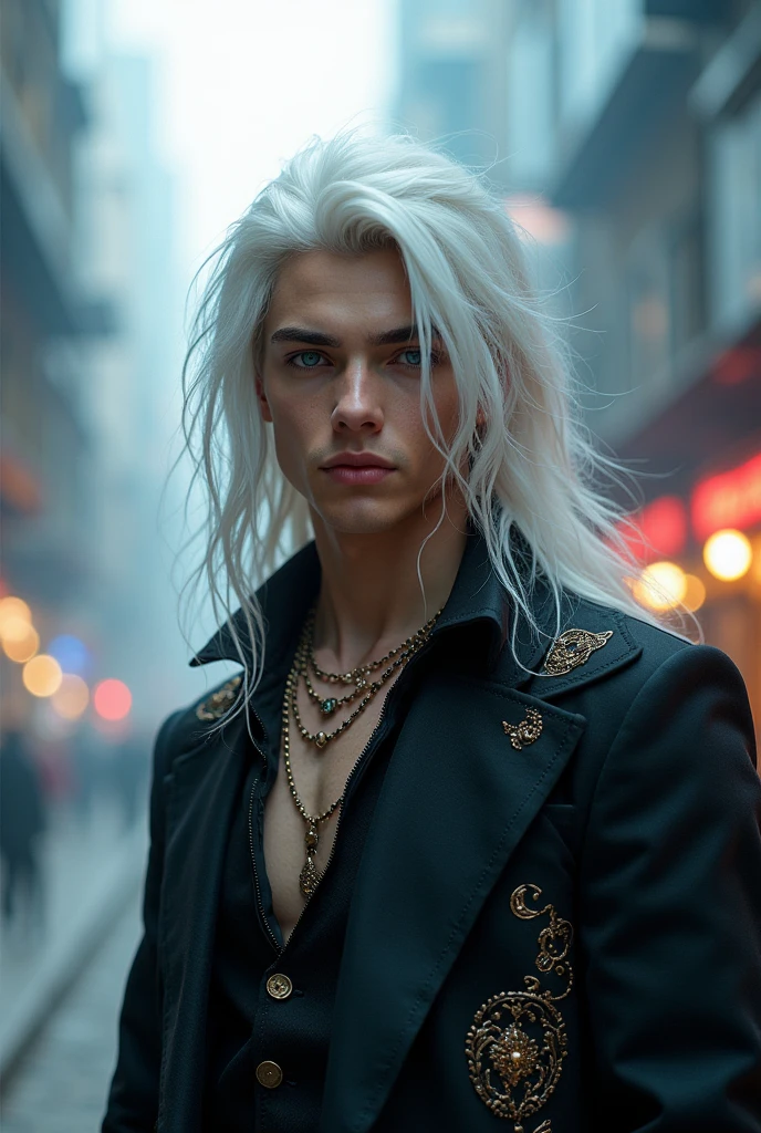 Young man, ( black outfit), jewelry, chinese style, embroidery, long flowing white hair, detailed face, detailed beautiful blue eyes, modern City(intricate:1.3), (arcane aura:1.2), (dreamlike: 1.3), (subtle mist:1.1), (vibrant colors: 1.2), (detailed hair:1.3), (ultra realistic details:1.5),
