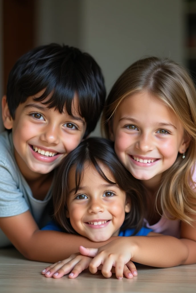 Three children, two big and one small, the dark haired one, blonde haired girl and dark haired , looking at the camera and smiling