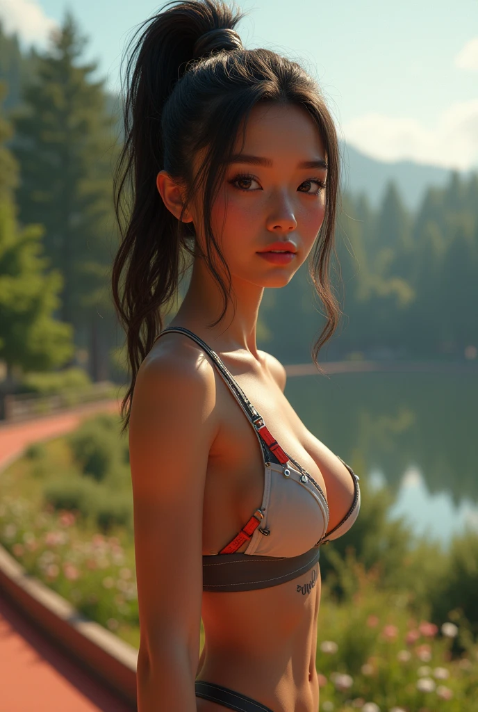 1 girl, beautiful eyes, blush, Lips slightly open, Full and symmetrical breasts, Bulging buttocks, Tight sweatshirt, White tight yoga pants, Fine lines between thighs, White sneakers, Black Hair, High Ponytail, belt, Tattoo, Running track, garden, Dense forest, lake, Chest close-up, Buttocks close-up, HDR (High Dynamic Range), Ray Tracing, nvidia RTX, Super Resolution, Unreal 5, Scattered beneath the surface, PBR Textures, Post-Processing, Anisotropic filtering, Boundary depth written , Maximum Acutance and Acutance, Multi-layered textures, Albedo and Specular Maps, Surface Shading, Accurately simulate the interaction of light and matter, Octane Rendering, Two-tone lighting, Low ISO, White Balance, Rule of Thirds, Large diameter, 8,000 students, High-efficiency sub-pixel, Sub-pixel convolution, (Glowing particles: 1.4), {{masterpiece, best quality, Very detailed CG, Unity 8K wallpaper, 3d, Movie Lighting, lens flare}},