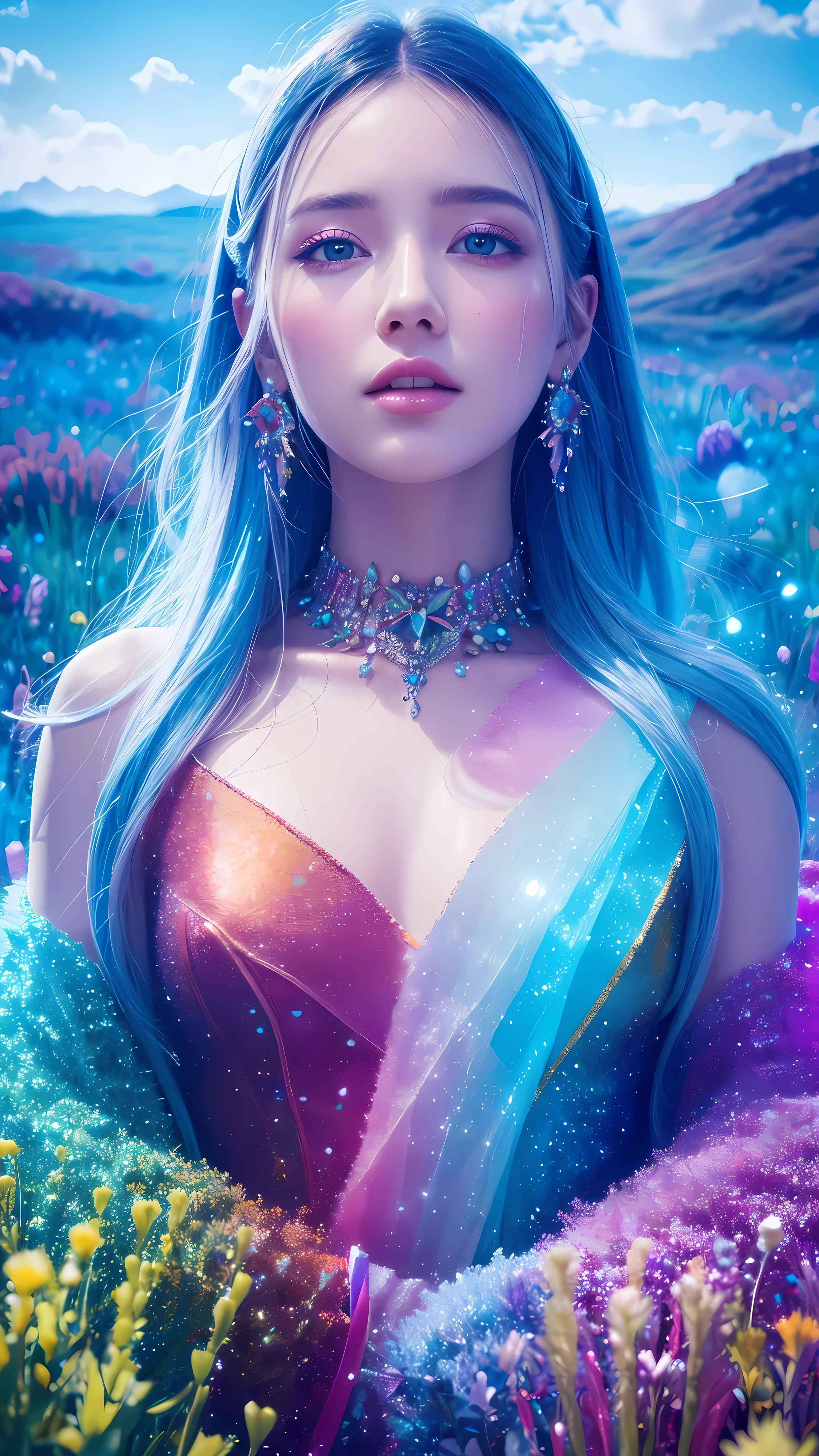 A surreal uncommon landscape, colorful and dreamlike, 1girl standing in a field of floating crystals, detailed face and eyes, ethereal atmosphere, vivid colors, dramatic lighting, intricate details, cinematic composition, award-winning digital art, hyper-detailed, photorealistic, masterpiece