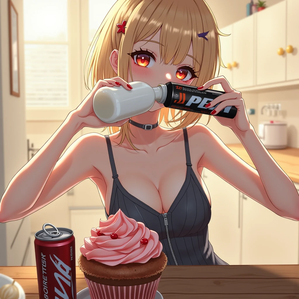anime girl in a kitchen with a cupcake and a bottle of milk, seductive anime girl, extremely detailed artgerm, beautiful alluring anime woman, anime girl drinks energy drink, ig model | artgerm, , anime food, [ 4 k digital art ]!!, attractive anime girl, in the kitchen, anime girl, a human-like juicy peach
