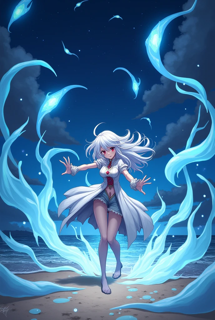 A white-haired woman with ruby red eyes, is fighting against ten slimes under the blue sky of the beach, anime art ,Night time,Under the blue night sky fighting against the blue slime 