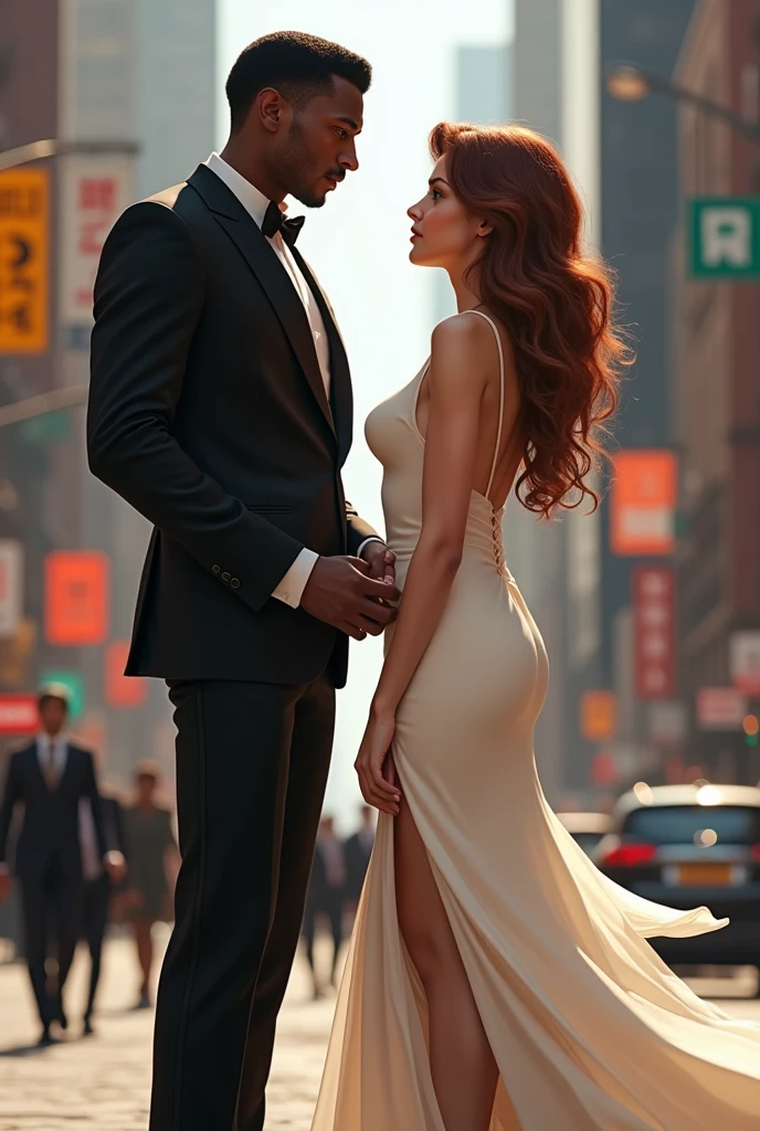 A couple formed by a young black man with fine features, straight hair cut low, thin moustache, super tall stature, thin but with a muscular body, wearing formal clothes and an extremely white woman, greeneyes, short stature, wide curvy body, brazilian woman style, with wide hips and big buttocks, Waist slender. Wearing a long dress with long sleeves covering her arms. Wavy hair in light brown with a hint of red. The two are in New York looking at each other.