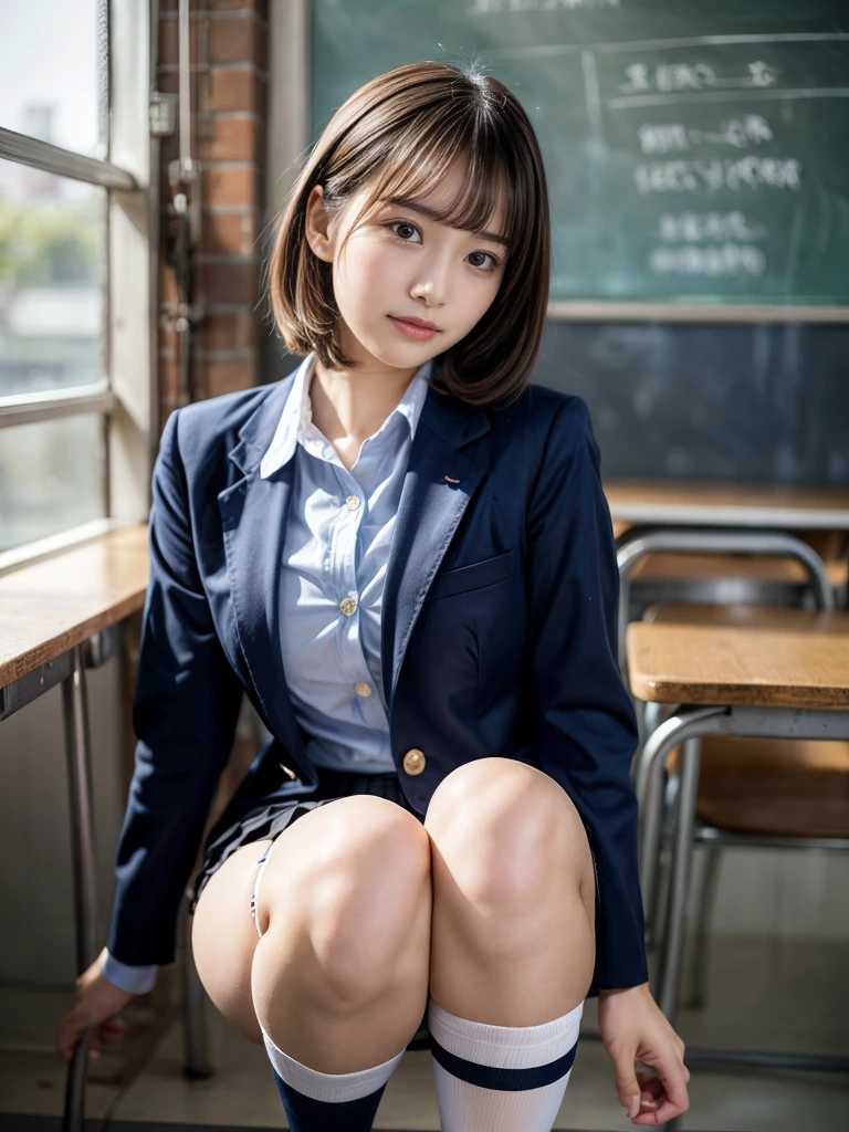 masterpiece, Highest quality, figure, Very detailed, The finer details, High resolution, 8k,wallpaper, Perfect dynamic composition,(Detailed high quality, Realistic depiction of eyes:1.3), (2 girls, 2 high school girls:1.2), From the side, High school classroom、Schoolgirl uniform、blazer 、Super Short Check Uniform Skirt、Navy blue knee-high socks、garter belt、huge 、Disheveled uniform, Short Bob Hair, Black hair color, hugeな胸, Big Natural Color Lip, Bold sexy pose, (Perfect figure), Crying a little、 Harajuku Style、20-year-old girl、 Beautiful feet, Gravure idol pose, Voluptuous thighs、Ahegao