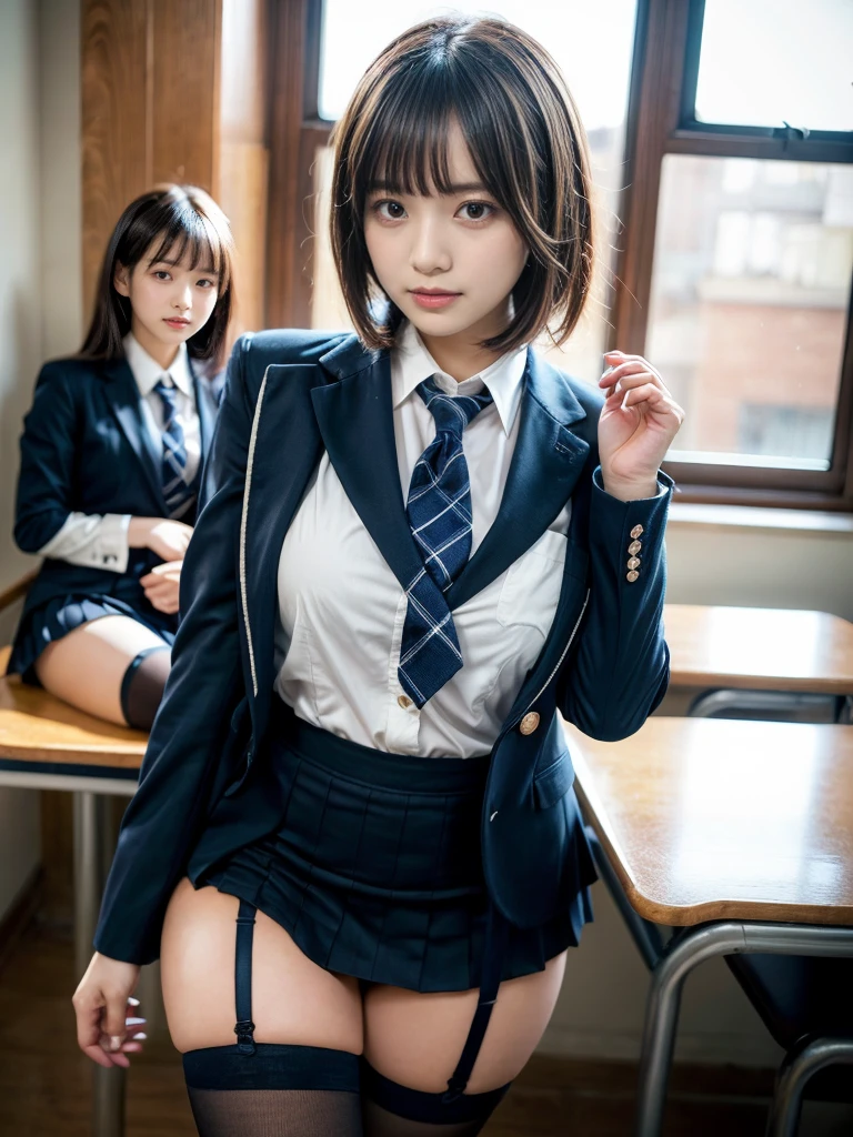 masterpiece, Highest quality, figure, Very detailed, The finer details, High resolution, 8k,wallpaper, Perfect dynamic composition,(Detailed high quality, Realistic depiction of eyes:1.3), (2 girls, 2 high school girls:1.2), From the side, High school classroom、Schoolgirl uniform、blazer 、Super Short Check Uniform Skirt、Navy blue knee-high socks、garter belt、huge 、Disheveled uniform,  Short Bob Hair, Black hair color, hugeな胸, Big Natural Color Lip, Bold sexy pose, (Perfect figure), Crying a little、 Harajuku Style、20-year-old girl、 Beautiful feet, Gravure idol pose, Voluptuous thighs、Ahegao