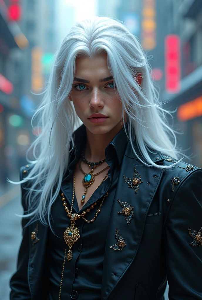 Young man, ( black outfit), jewelry, chinese style, embroidery, long flowing white hair, detailed face, detailed beautiful blue eyes, modern City(intricate:1.3), (arcane aura:1.2), (dreamlike: 1.3), (subtle mist:1.1), (vibrant colors: 1.2), (detailed hair:1.3), (ultra realistic details:1.5),