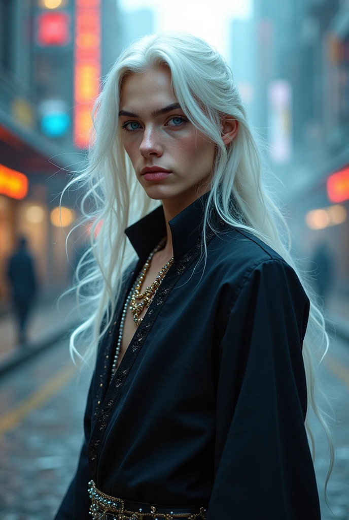 Young man, ( black outfit), jewelry, chinese style, embroidery, long flowing white hair, detailed face, detailed beautiful blue eyes, modern City(intricate:1.3), (arcane aura:1.2), (dreamlike: 1.3), (subtle mist:1.1), (vibrant colors: 1.2), (detailed hair:1.3), (ultra realistic details:1.5),