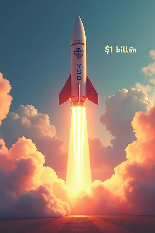 A rocket with PYUSD logo blasting off, leaving behind Ethereum and other stablecoins. The rocket trail forms a dramatic upward graph. Solana logo visible on the rocket booster. PayPal and Paxos logos on the launchpad. '$1 Billion' written in the clouds.