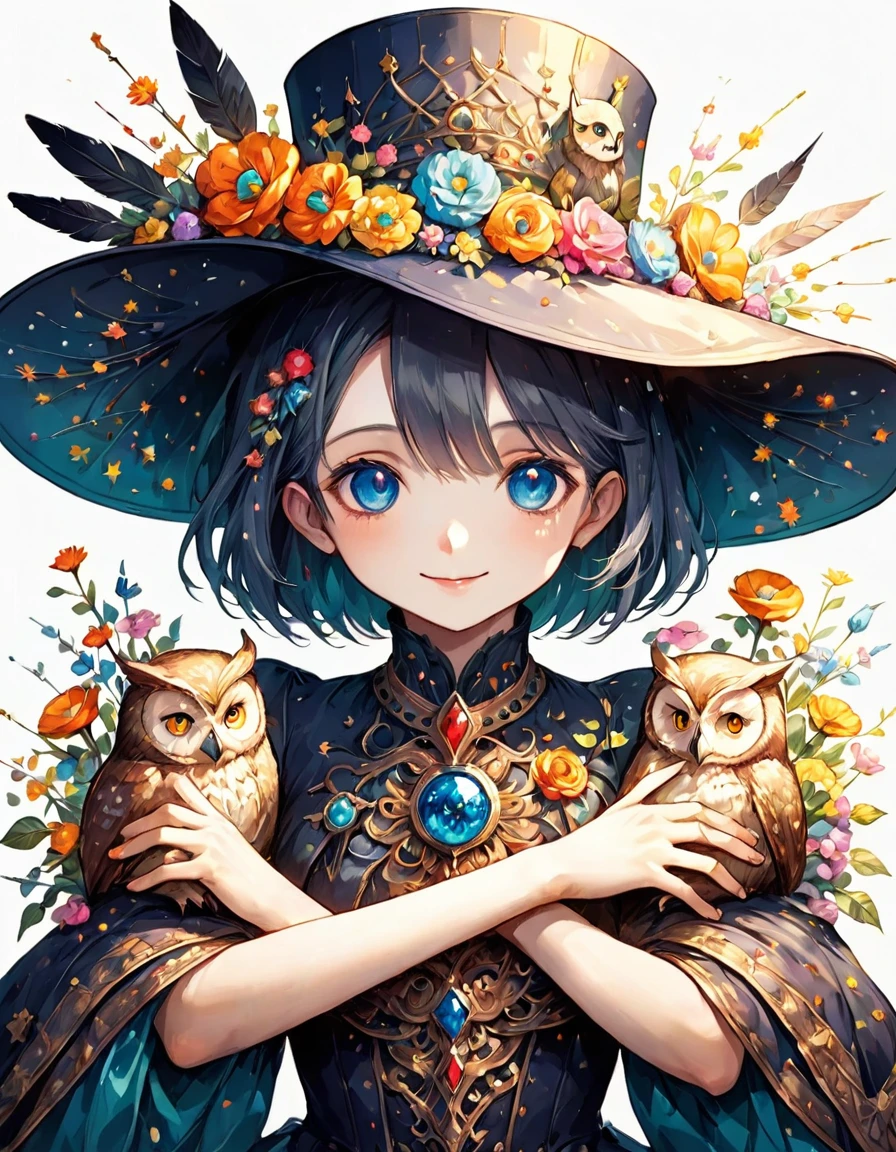 Highest quality、High resolution、(Beautiful face in every detail:1.4)、(Draw a picture to fit on the canvas:1.5)、Carefully draw your hands、Delicate hands、Elaborate hands、Anatomically correct、(Normal number of fingers:1.2)、(Highly detailed face)、Detailed eyes、大people、20Age、Perfect body line、Stand in the center、so beautiful、 (((Blank Background:1.5, No background:1.5, Background white:1.5)))、1people、(Upper Body:2.0)、woman、(smile:1.5)、Halloween、witch、The hat is very small、(deep blue:2.0)、(Medium straight hair:2.0)、(witchの帽子:1.5)、(owl1羽:2.0)、(1羽のとても大きいowl:1.5)、(owl1Being with the feathers:1.5)、(owlはwomanの体の手か前腕にとまってる:1.5)、(The hat only has flowers on it:2.0)、There are lots of flowers on the hat、Unexposed clothing、(リアルなowl:1.5)、まるで写真のようなowl、Change the design of the clothes、(Victorian dress:1.5)、Robe、Do a different pose、Blue clothes、(There is a big jewel on the hat:2.0)、Remove extra fingers、胸元にowlが止まっている、owl消さないで、(Arms crossed:1.5)、Change the design of the jewel on the hat、