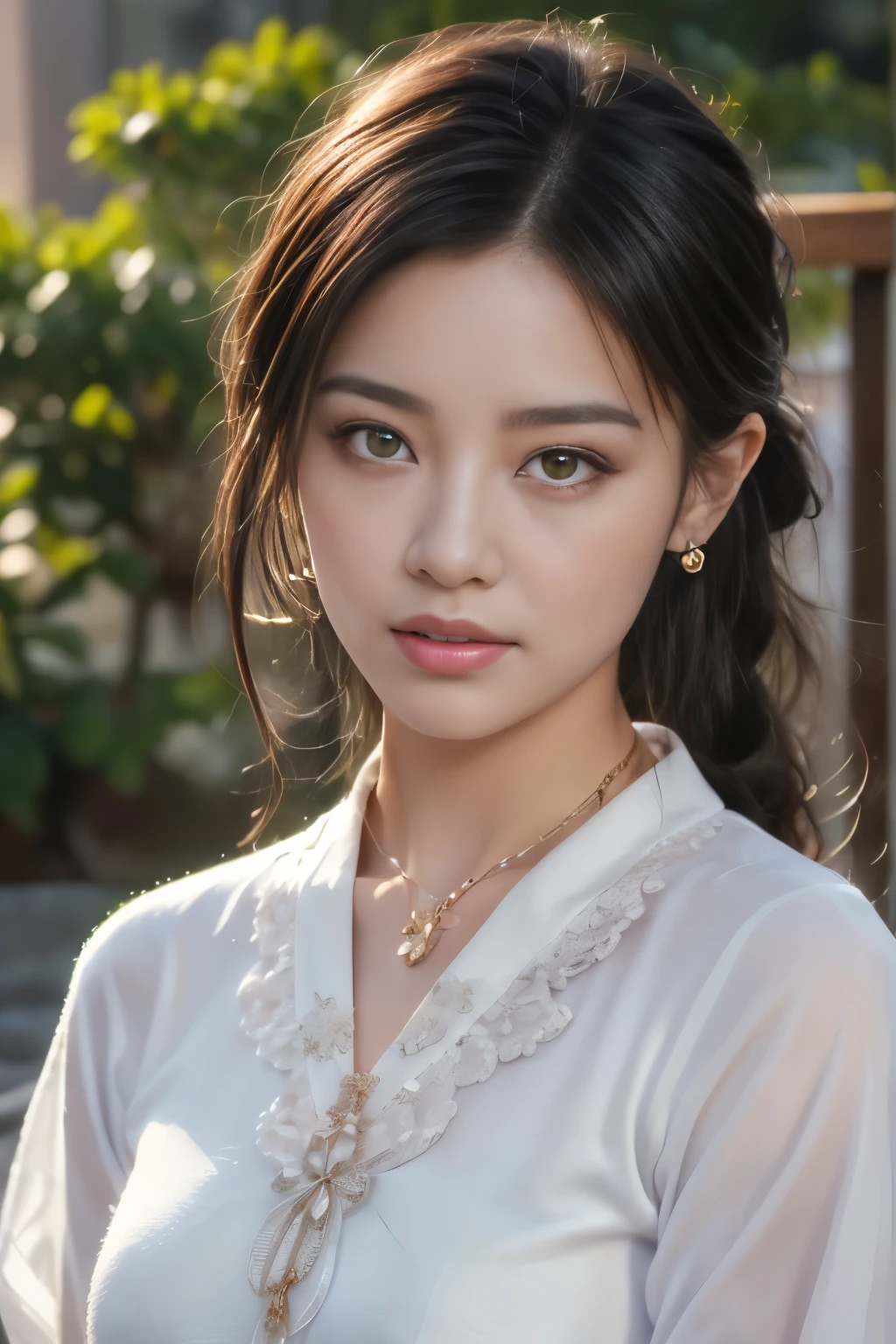 A beautiful girl wearing a hanbok costume, ((Textured black thin purple silk shirt)), white lace top, long purple platinum ponytail hair, bijouterie, Ear jewels, Necklaces and necklaces, Big, carefully drawn purple eyes, Be careful with your makeup, thin eyebrows, high nose, Beautiful red lips, There is no smile, pursed lips, pink cheeks, wide breasts, big bust, Proportional breasts, slim waist, purple fishnet socks, Chinese Hanfu style, Fictional art texture, Colorful, bright and realistic, RAW photos, realistic photo, Ultra-high-quality 8K surreal photos, (Effective fantasy lighting effects: 1.8), 10x Pixel, magic effect (background): 1.8), very detailed eyes, Full body portrait of a girl , 중국 왕실 정원 background, dynamic pose
