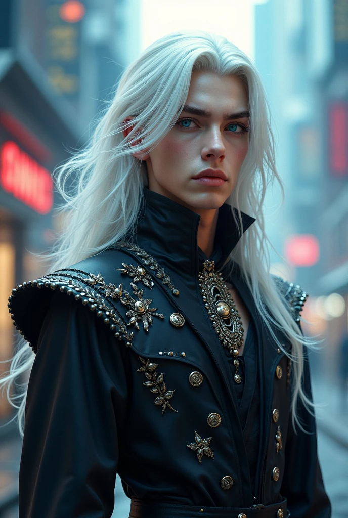 Young man, ( black outfit), jewelry, chinese style, embroidery, long flowing white hair, detailed face, detailed beautiful blue eyes, modern City(intricate:1.3), (arcane aura:1.2), (dreamlike: 1.3), (subtle mist:1.1), (vibrant colors: 1.2), (detailed hair:1.3), (ultra realistic details:1.5),