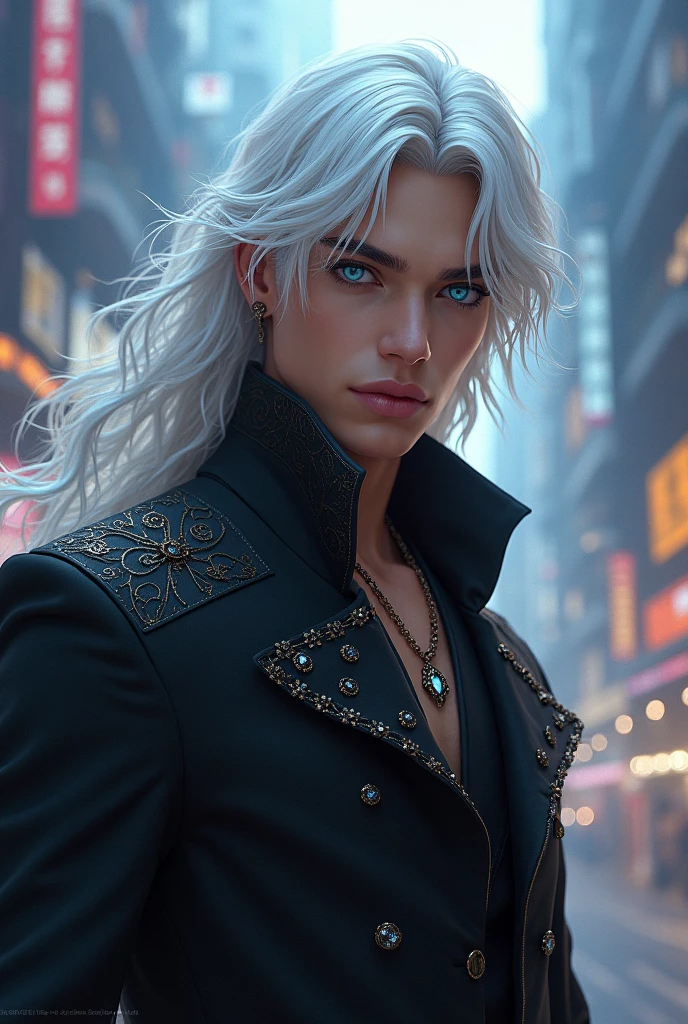 Young man, ( black outfit), jewelry, chinese style, embroidery, long flowing white hair, detailed face, detailed beautiful blue eyes, modern City(intricate:1.3), (arcane aura:1.2), (dreamlike: 1.3), (subtle mist:1.1), (vibrant colors: 1.2), (detailed hair:1.3), (ultra realistic details:1.5),