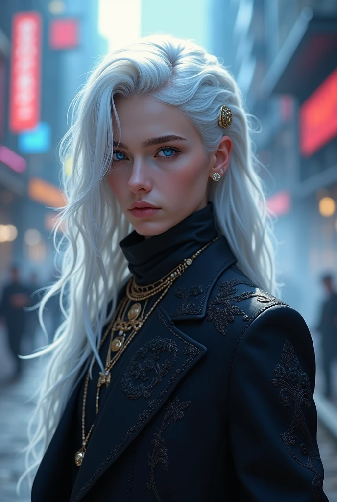 Young man, ( black outfit), jewelry, chinese style, embroidery, long flowing white hair, detailed face, detailed beautiful blue eyes, modern City(intricate:1.3), (arcane aura:1.2), (dreamlike: 1.3), (subtle mist:1.1), (vibrant colors: 1.2), (detailed hair:1.3), (ultra realistic details:1.5),