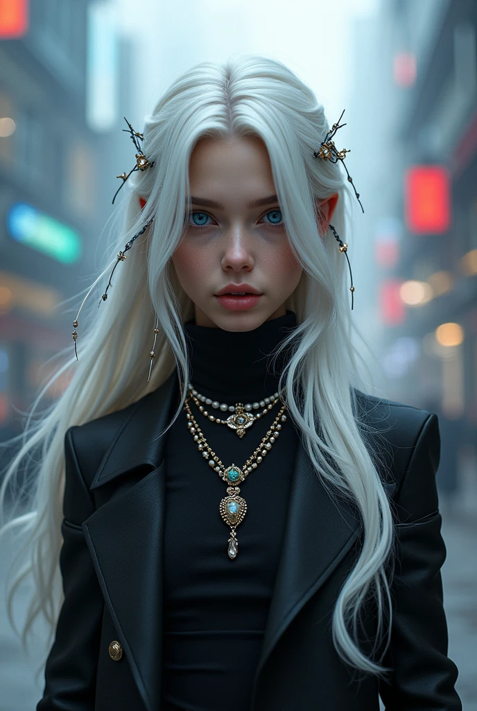 Young man, ( black outfit), jewelry, chinese style, embroidery, long flowing white hair, detailed face, detailed beautiful blue eyes, modern City(intricate:1.3), (arcane aura:1.2), (dreamlike: 1.3), (subtle mist:1.1), (vibrant colors: 1.2), (detailed hair:1.3), (ultra realistic details:1.5),