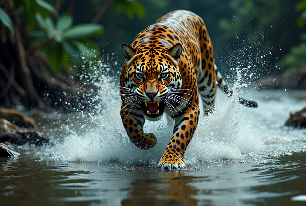Create a dramatic, AI-generated artwork of a jaguar charging towards the camera from within a shallow lake. The jaguar should be depicted in a powerful and intense moment, showing its teeth and appearing ready to attack. Capture the dynamic motion of the jaguar as it splashes through the water, with its muscular body tensed and its piercing eyes focused on the viewer.

The scene should emphasize the splash and turbulence created by the jaguar's rapid movement through the water, with droplets and waves adding to the sense of urgency and aggression. The background should feature the natural elements of the jungle, such as dense foliage and partially submerged rocks, but with a focus on the jaguar and its immediate environment.

Use rich, vibrant colors and sharp details to highlight the jaguar’s distinctive coat and the textures of the wet fur. The lighting should be dramatic, with strong contrasts to emphasize the jaguar's fierce expression and the water's movement.

The final artwork should be high-resolution and visually impactful, capturing the raw power and intensity of the jaguar in its natural habitat, creating a striking and memorable image.