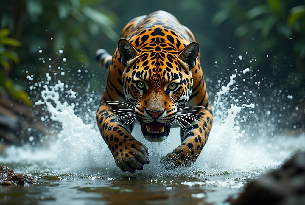 Create a dramatic, AI-generated artwork of a jaguar charging towards the camera from within a shallow lake. The jaguar should be depicted in a powerful and intense moment, showing its teeth and appearing ready to attack. Capture the dynamic motion of the jaguar as it splashes through the water, with its muscular body tensed and its piercing eyes focused on the viewer.
The scene should emphasize the splash and turbulence created by the jaguar's rapid movement through the water, with droplets and waves adding to the sense of urgency and aggression. The background should feature the natural elements of the jungle, such as dense foliage and partially submerged rocks, but with a focus on the jaguar and its immediate environment.
Use rich, vibrant colors and sharp details to highlight the jaguar’s distinctive coat and the textures of the wet fur. The lighting should be dramatic, with strong contrasts to emphasize the jaguar's fierce expression and the water's movement.
The final artwork should be high-resolution and visually impactful, capturing the raw power and intensity of the jaguar in its natural habitat, creating a striking and memorable image.